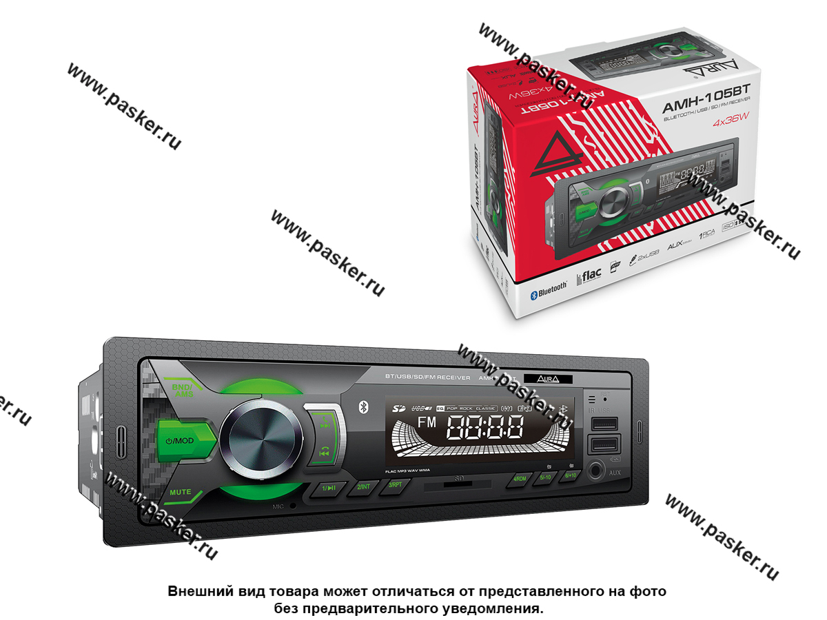 Автомагнитола AURA USB/MicroSD/FM/Bluetooth 4х36W зеленая подсветка  FIREBALL-105BT 31697 купить по привлекательной цене в интернет-магазине  