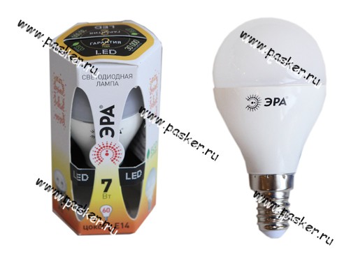 Лампа светодиодная ЭРА LED smd P45-7w-827-E14 мягкий желтый свет