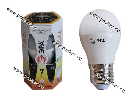 Лампа светодиодная ЭРА LED smd P45-7w-827-E27 мягкий желтый свет