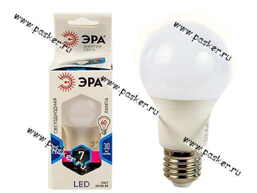 Лампа светодиодная ЭРА LED smd A60-7w-840-E27 нейтральный белый свет