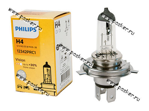 Лампа галоген 12V H4 60/55W P43t Philips Vision +30% яркости 12342PRC1