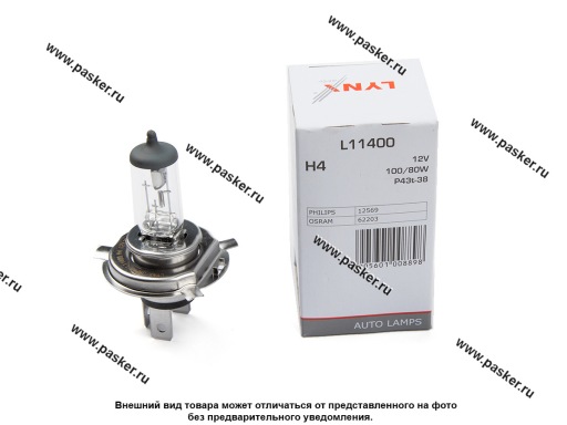 Лампа галоген 12V H4 100/80W P43T-38 LYNXauto L11400