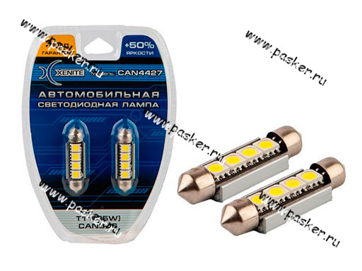 Лампа светодиод 12V SV8.5 Т11х42 Xenite Can4427 4SMD 80LM белая 2шт