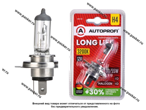 Лампа галоген 12V H4 60/55W P43T AUTOPROFI LONG LIFE +30% LNG-H4