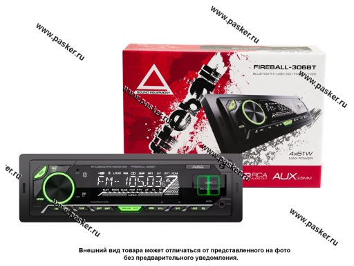 Автомагнитола AURA USB/MicroSD/FM/Bluetooth 4х51W 2RCA ID3 тэги зеленая подсветка FIREBALL-306BT