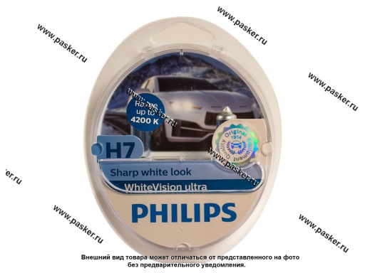 12972WVUSM Лампа галоген 12V H7 55W PX26d Philips WhiteVision ultra +60% яркости 12972WVUSM